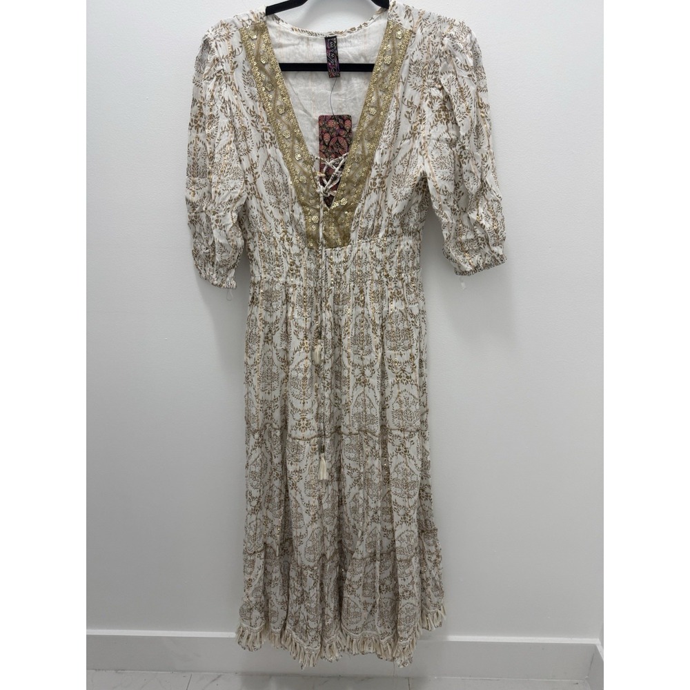 Me 2 Me Boho Midi Dress Cream Gold Metallic Print Sequin Trim Lace Up Large
